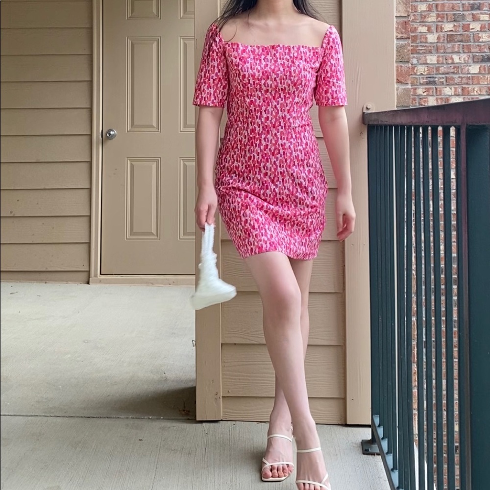 Pink printed handmade square neck mini dress XS